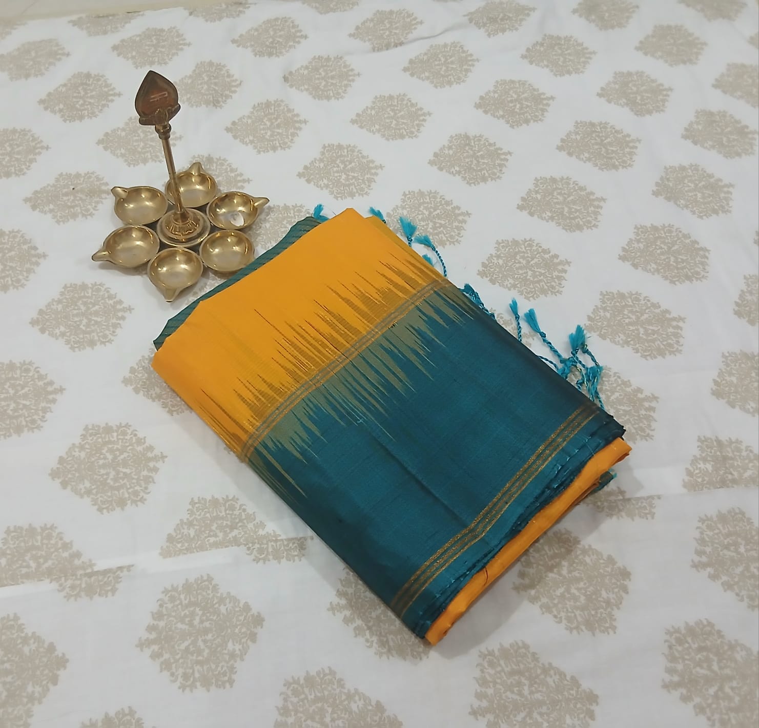 Mango Yellow & Peacock Green Soft Silk Saree