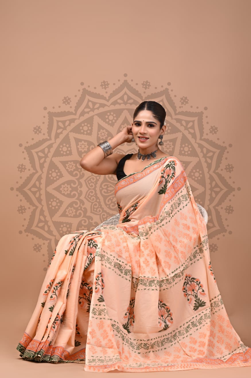 Mulmul Cotton Saree – Peach Blossom Charm