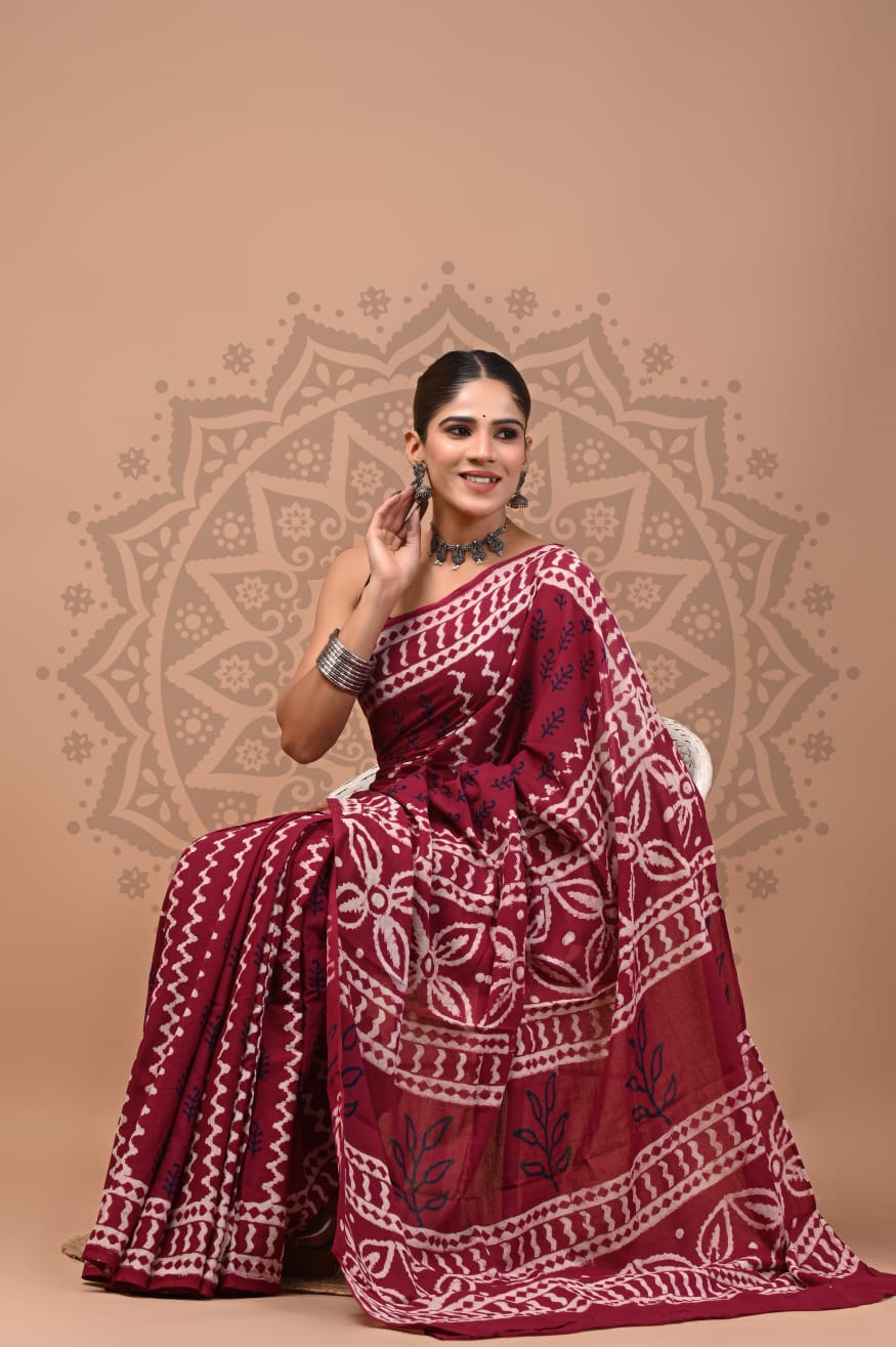 Mulmul Cotton Saree – Ruby Heritage Bloom