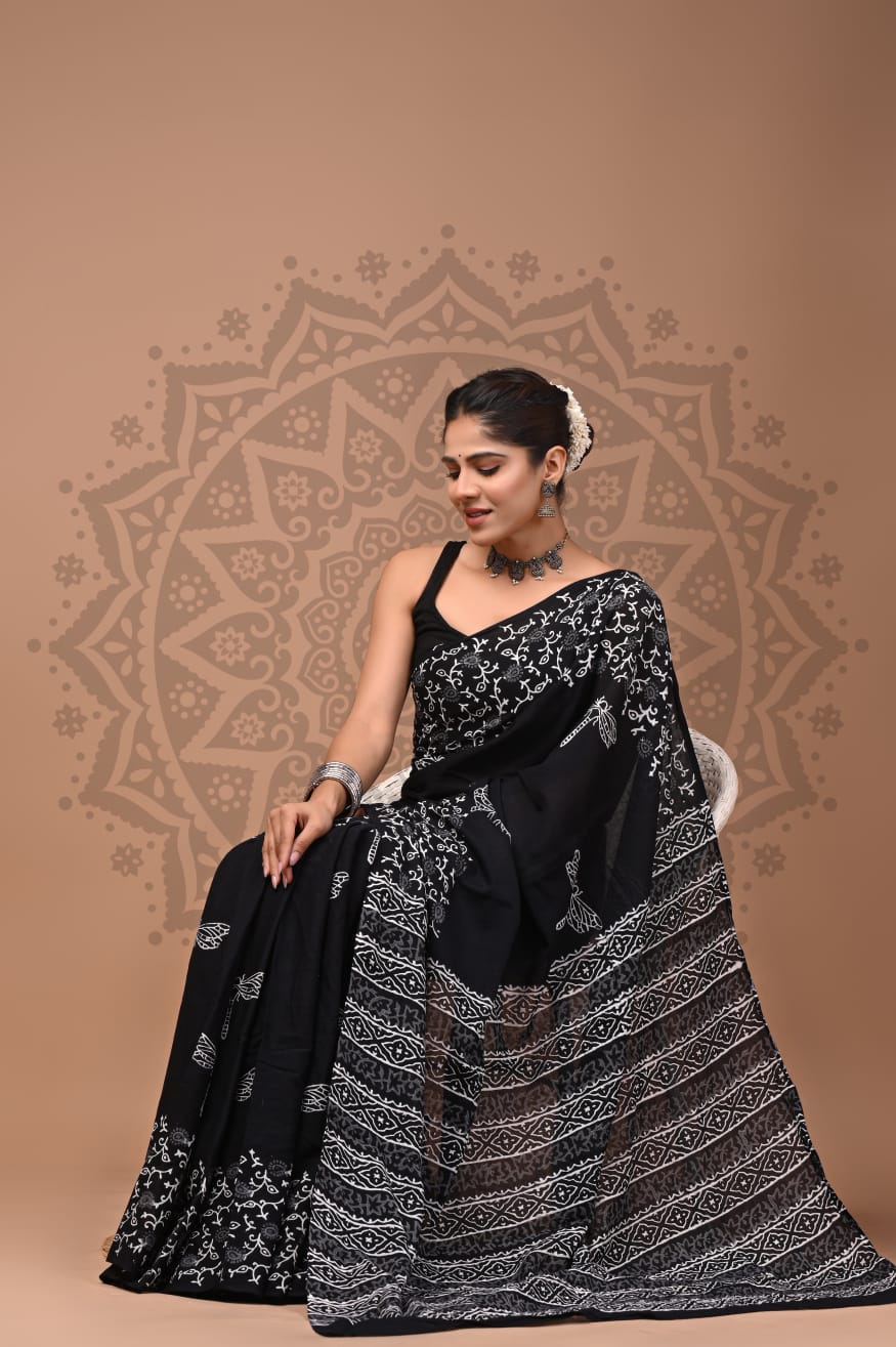 Mulmul Cotton Saree – Midnight Noir Elegance