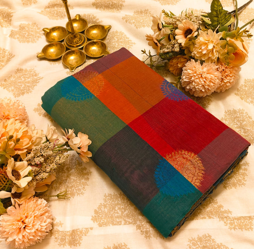 Multicolour Cotton Saree with Contrast Woven Motifs