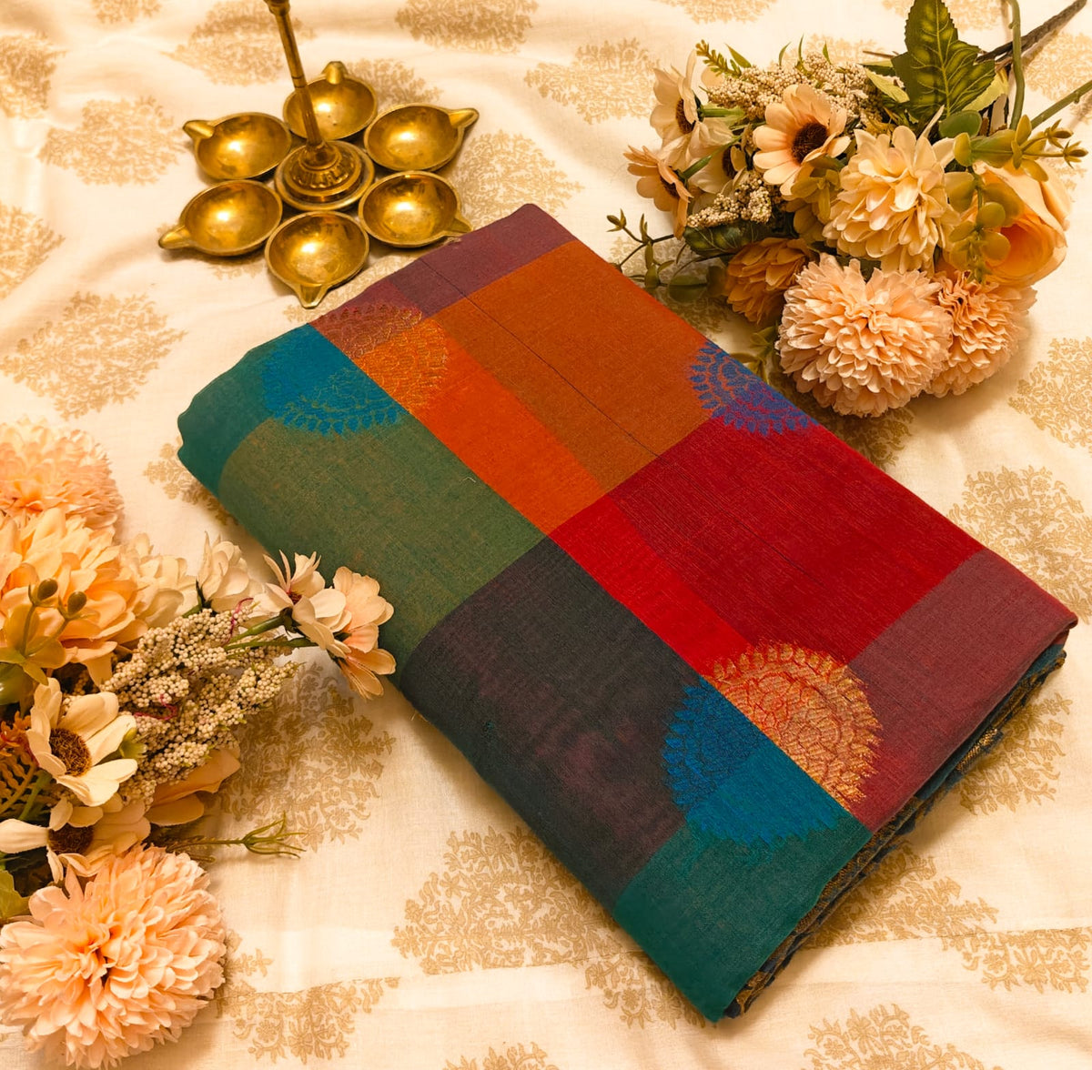 Multicolour Cotton Saree with Contrast Woven Motifs