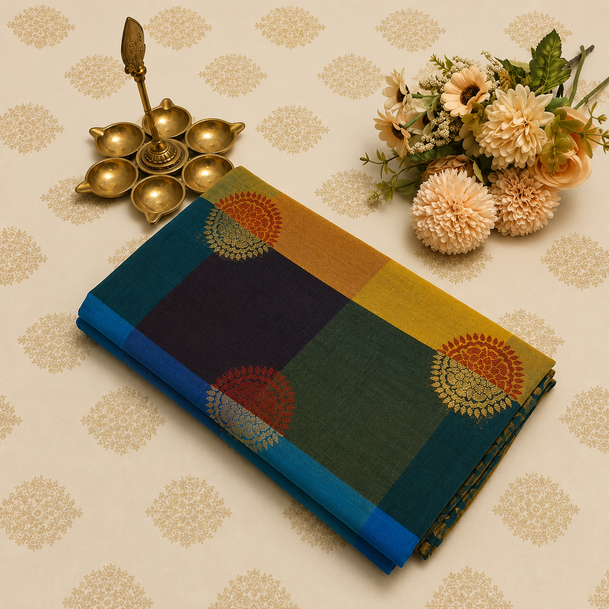 Multicolour Cotton Saree with Floral Motifs