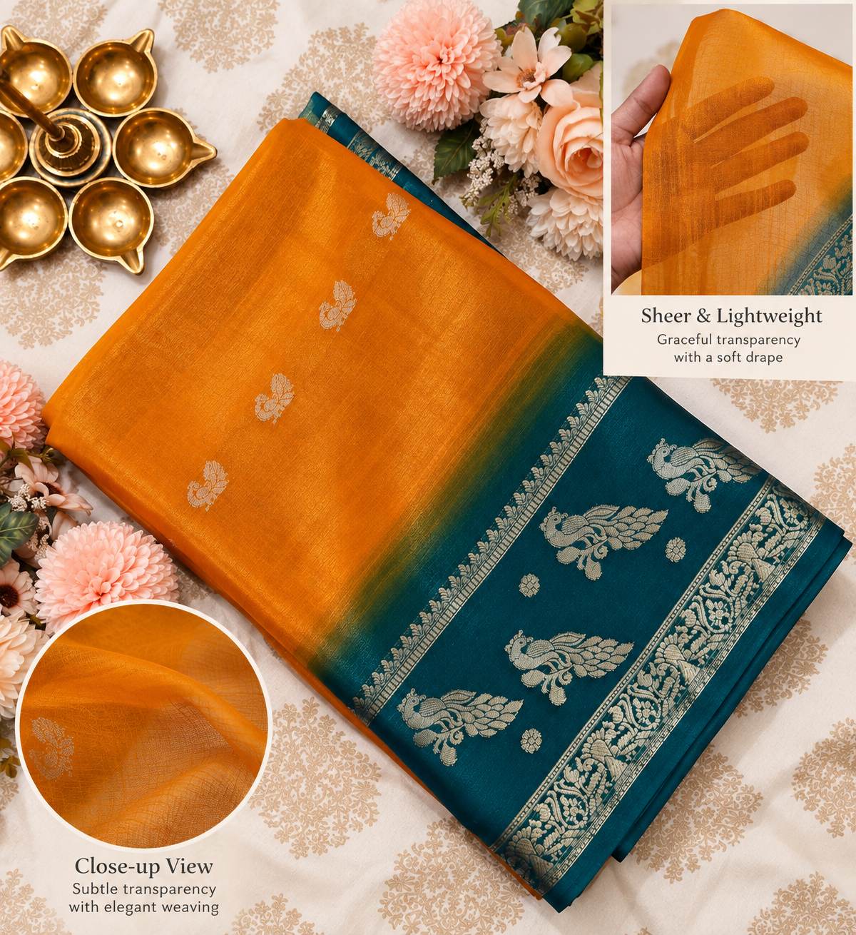 Mustard Orange & Teal Saree with Peacock Zari Border