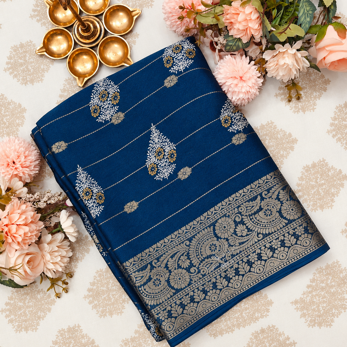 Navy Blue Saree with Floral Motifs & Intricate Border