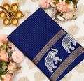 Navy Blue Saree with Gold Checks & Elephant Motifs