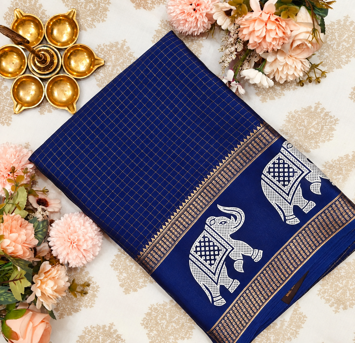 Navy Blue Saree with Gold Checks & Elephant Motifs