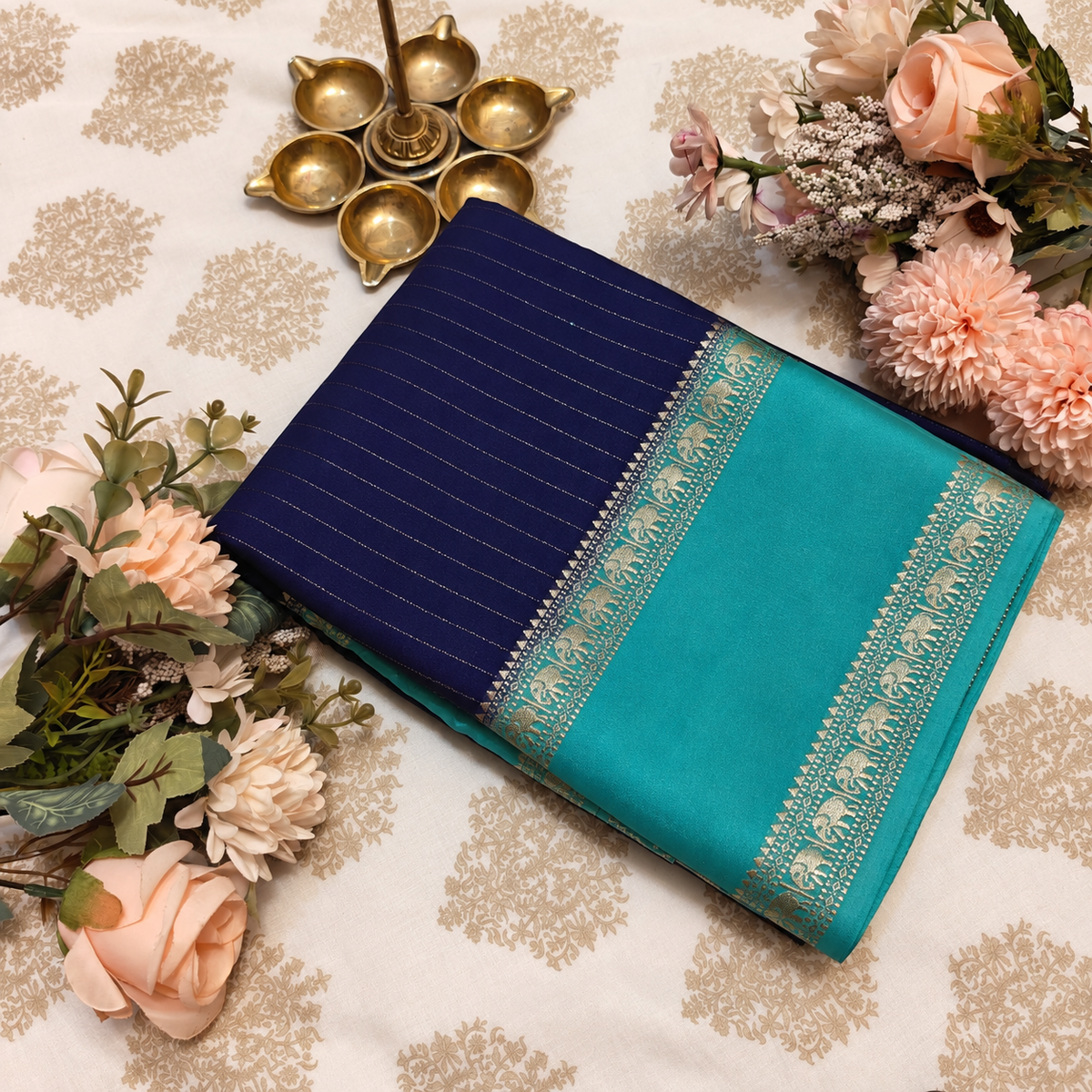 Navy Blue & Teal Crepe Saree