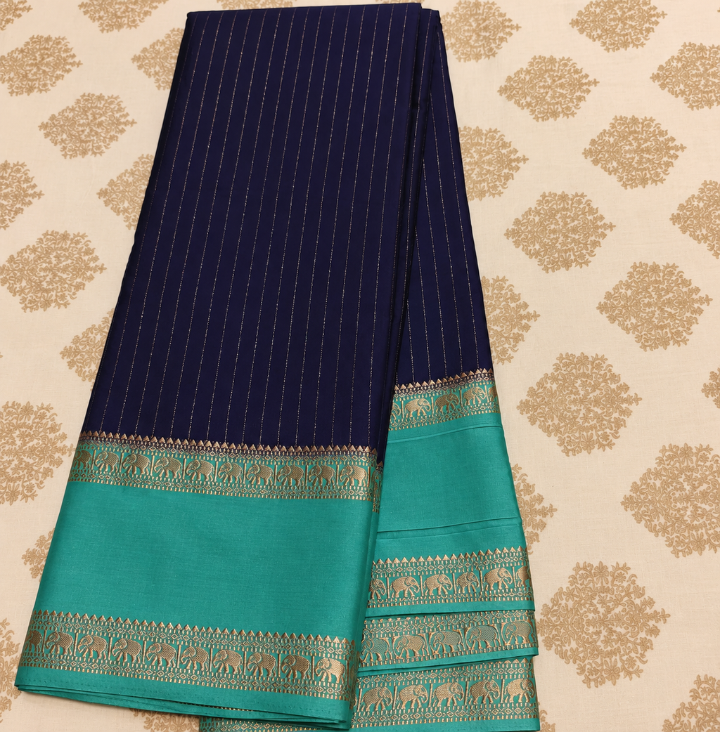 Navy Blue & Teal Crepe Saree