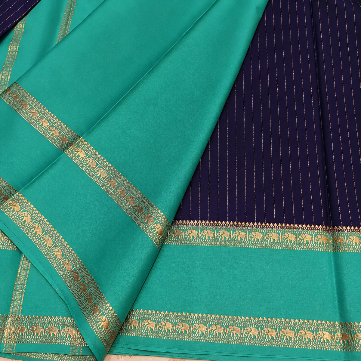 Navy Blue & Teal Crepe Saree