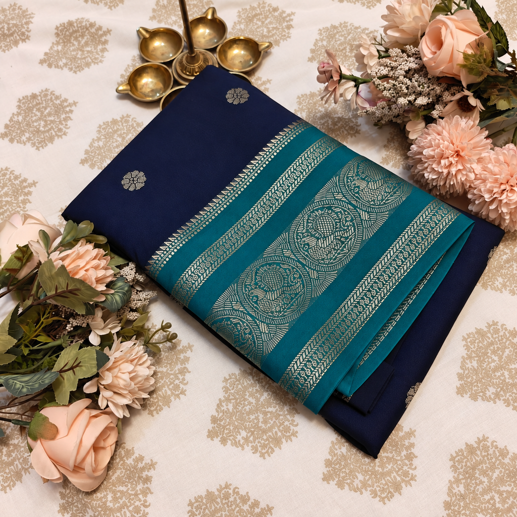 Navy Blue & Teal Zari Saree