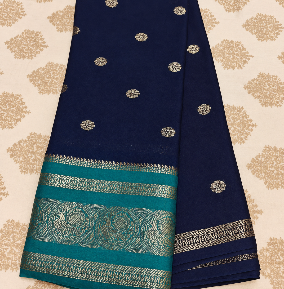 Navy Blue & Teal Zari Saree
