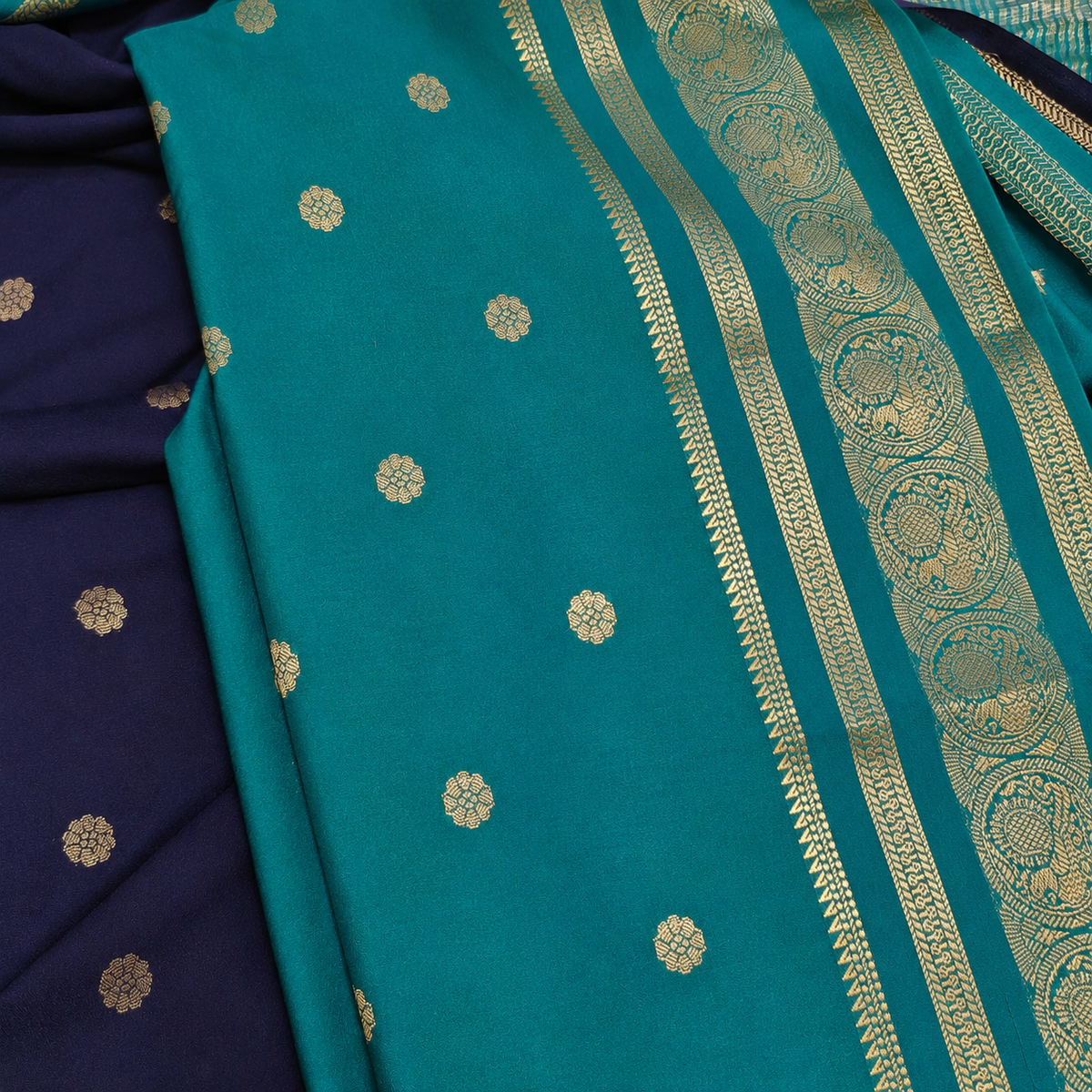Navy Blue & Teal Zari Saree