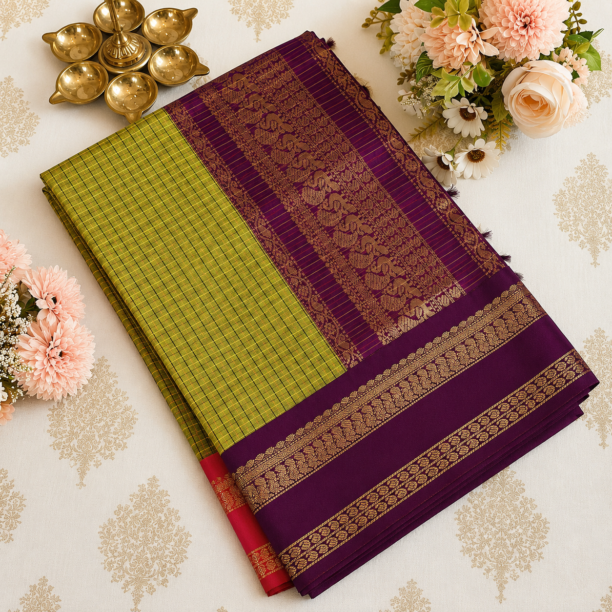 Olive Green Kalyani Cotton Saree with Rich Purple Zari Pallu