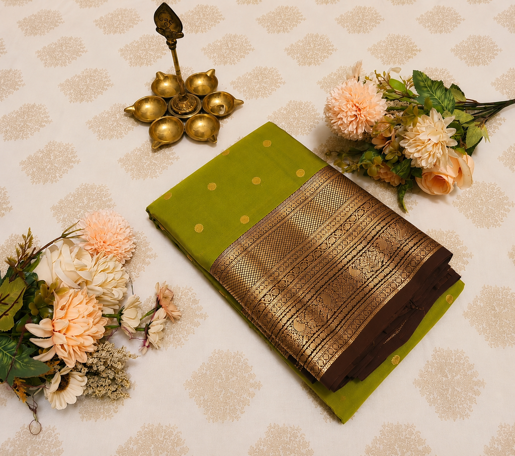Olive Green Pure Silk Saree with Coffee Brown Pallu – Silk Mark Certified