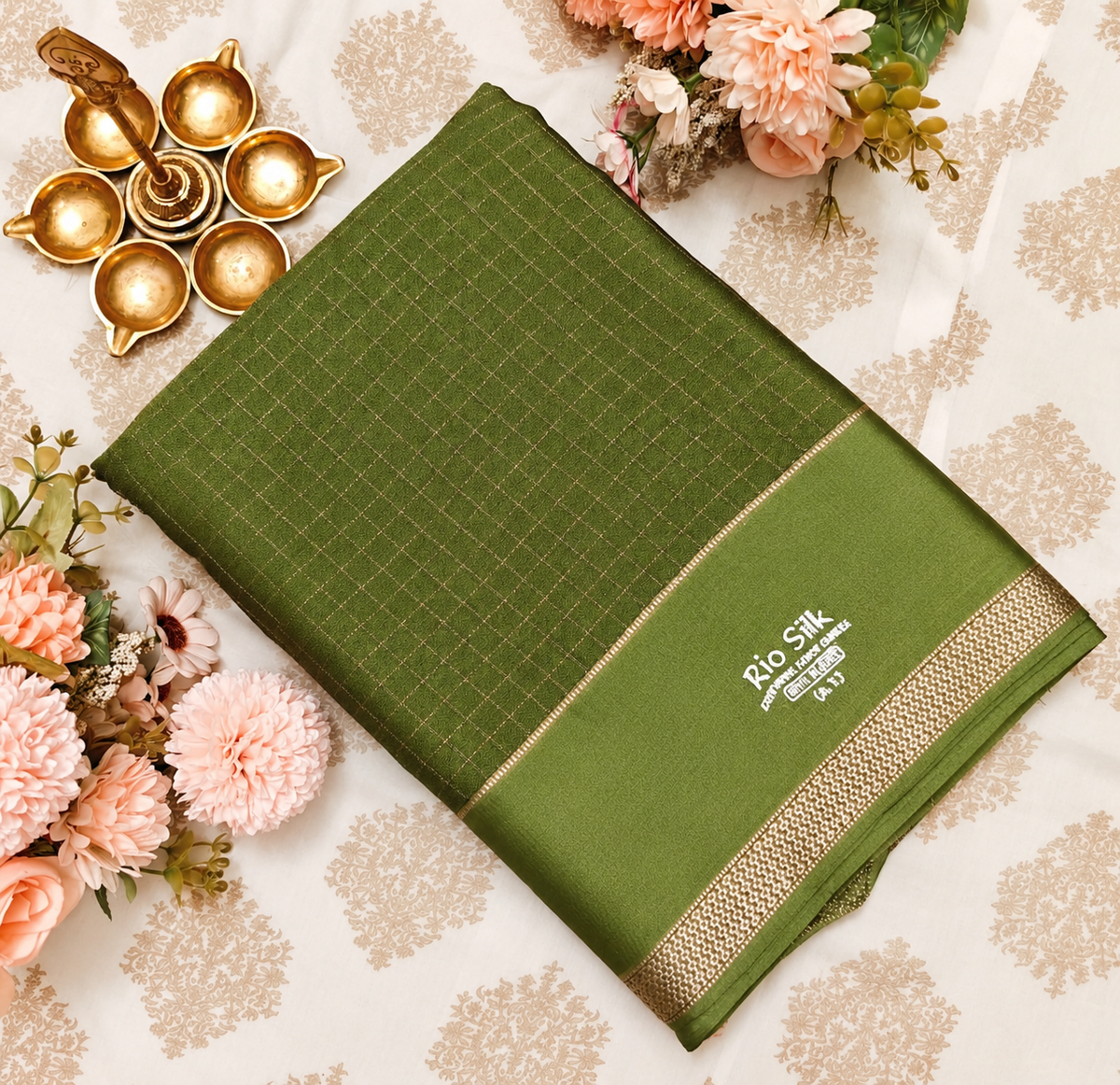 Olive Green Viscose Saree with Gold Checks & Zari Border