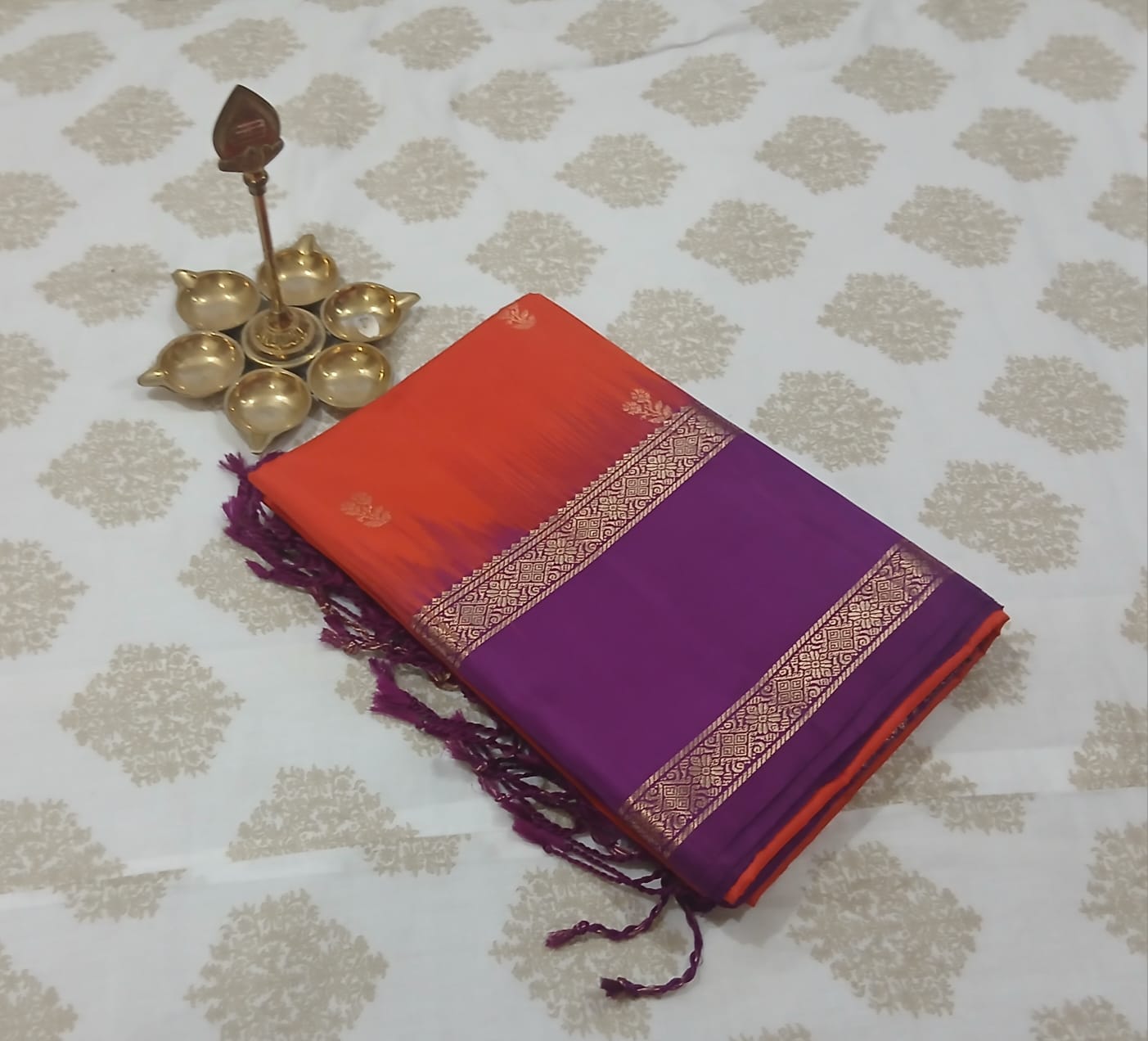 Vibrant Orange & Royal Violet Double Border Soft Silk Saree