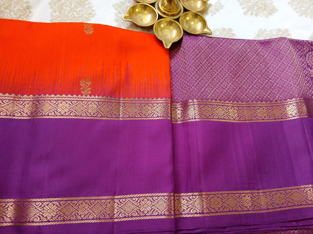 Vibrant Orange & Royal Violet Double Border Soft Silk Saree