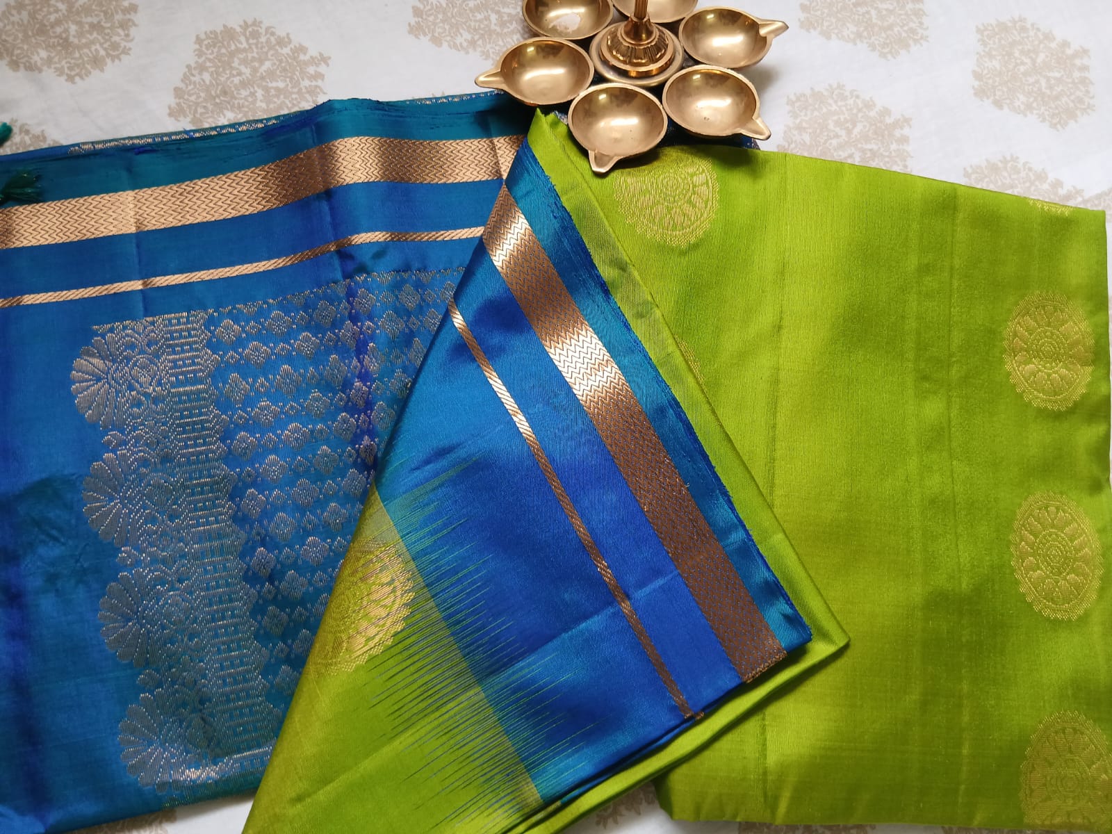 Parrot Green & Royal Blue Double Border Soft Silk Saree