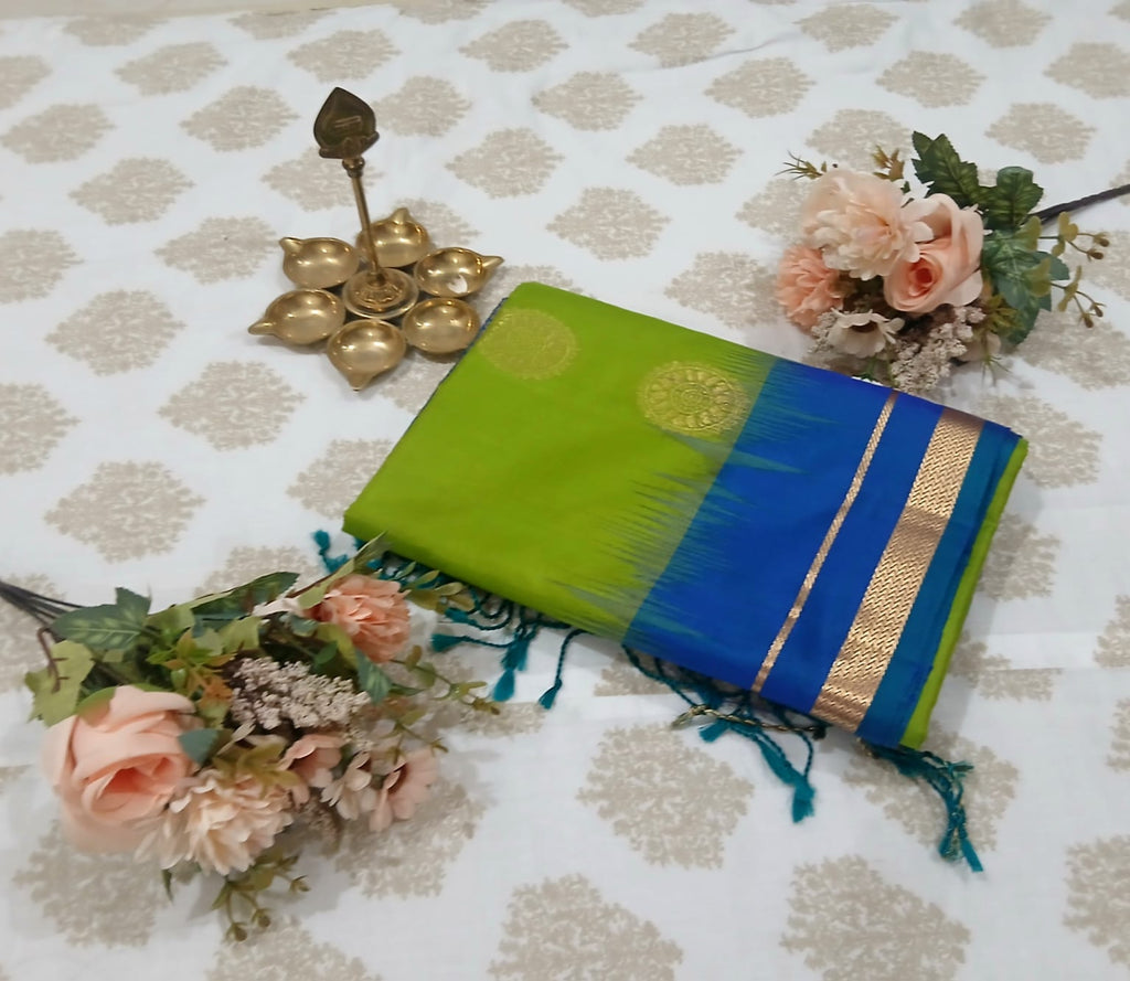 Parrot Green & Royal Blue Double Border Soft Silk Saree
