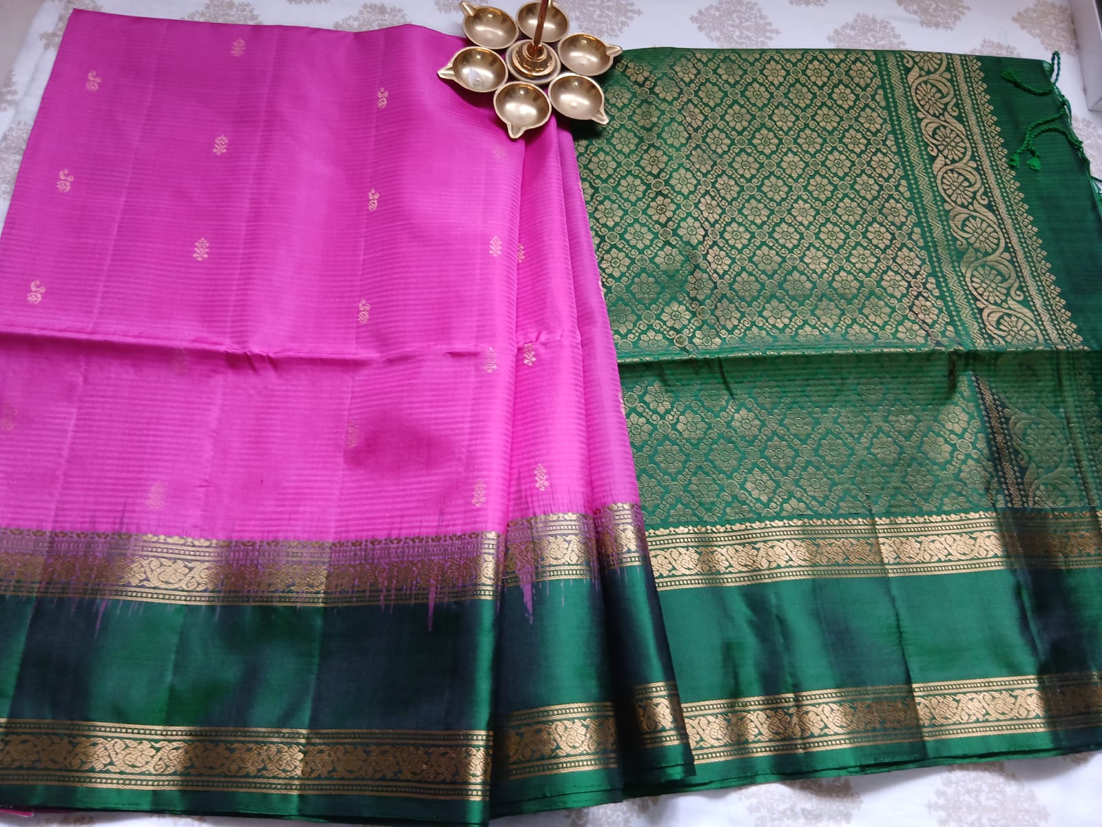 Rose Pink & Dark Green Double Border Soft Silk Saree