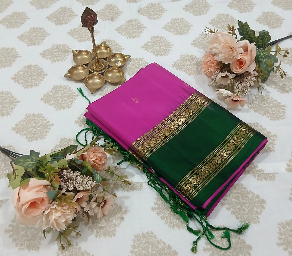 Rose Pink & Dark Green Double Border Soft Silk Saree