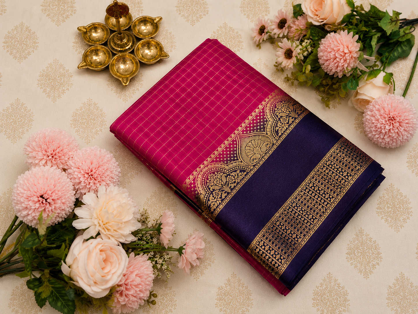 Pink checked wth Dark Blue Double border