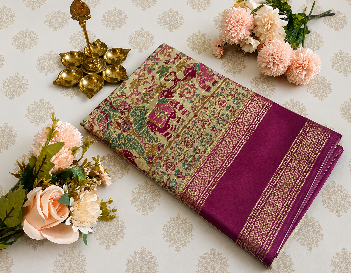 Beige with Magentha Pink Double border