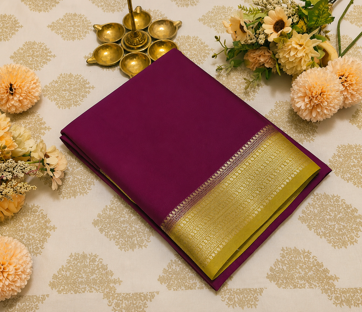 Plum Magenta Crepe Saree with Gold Zari Border