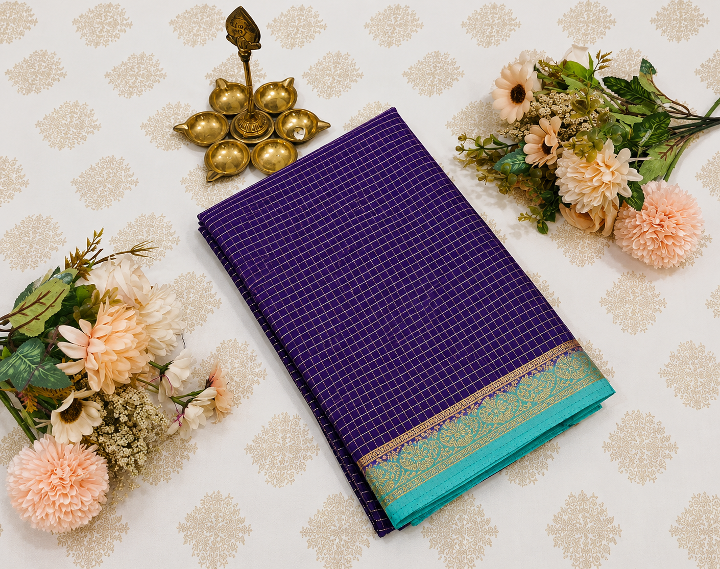 Purple Crepe Saree with Aqua Blue Zari Border