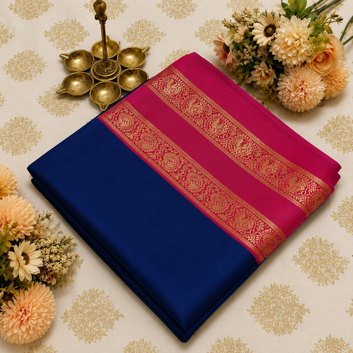 Royal Blue & Magenta Crepe Saree with Gold Zari Border