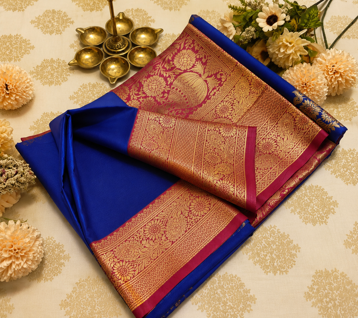Royal Blue & Magenta Silk Saree with Rich Gold Zari
