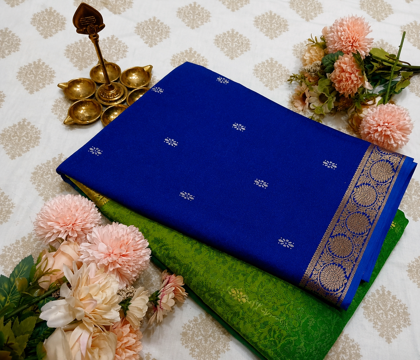 Royal Blue & Parrot Green Chiffon Saree with Designer Printed Pallu