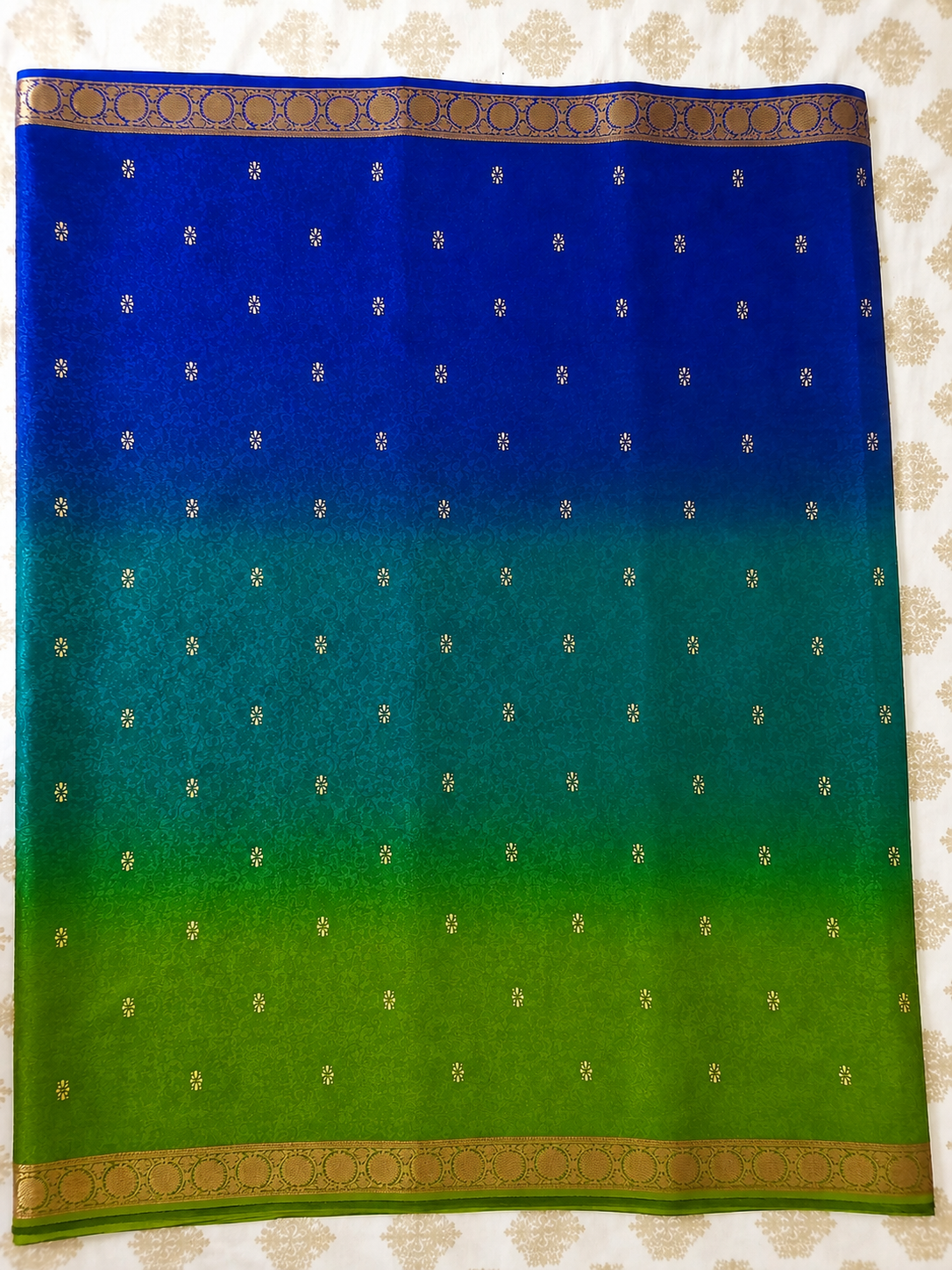 Royal Blue & Parrot Green Chiffon Saree with Designer Printed Pallu