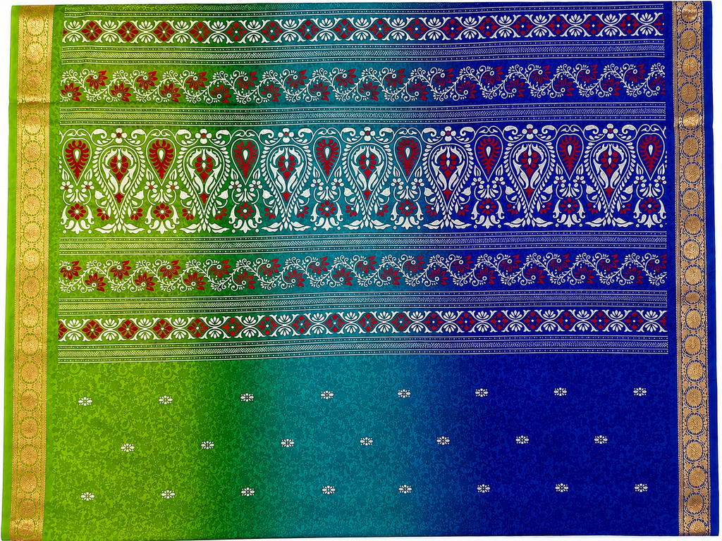 Royal Blue & Parrot Green Chiffon Saree with Designer Printed Pallu