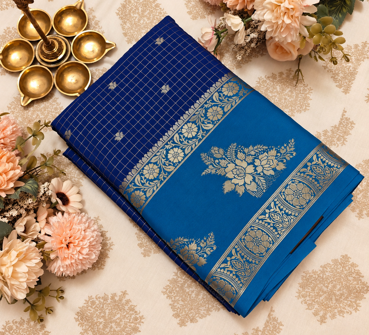 Royal Blue & Teal Blue Saree with Gold Zari Checks