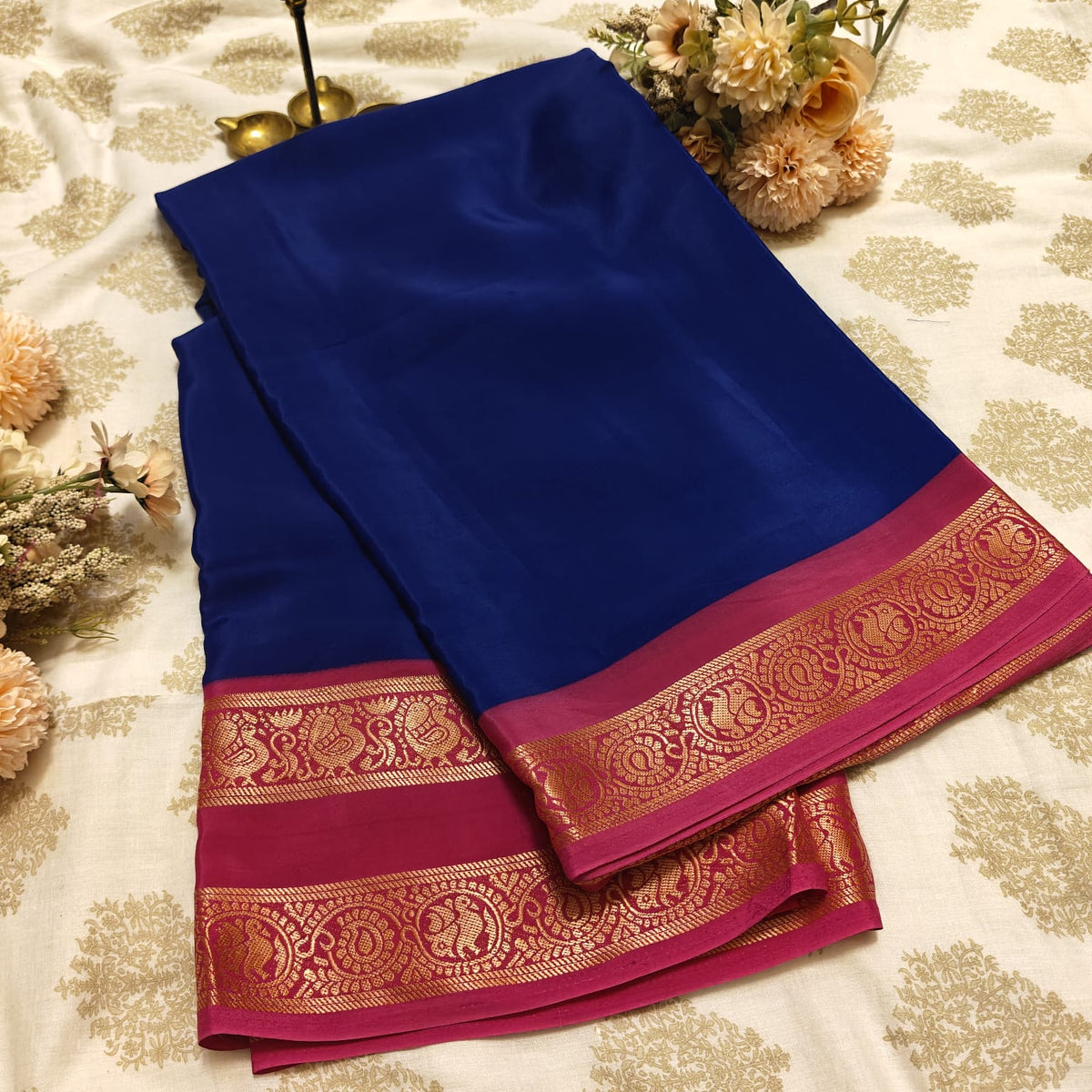 Royal Blue & Magenta Crepe Saree with Gold Zari Border