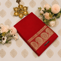 Ruby Red Crepe Saree with Antique Gold Paisley Border