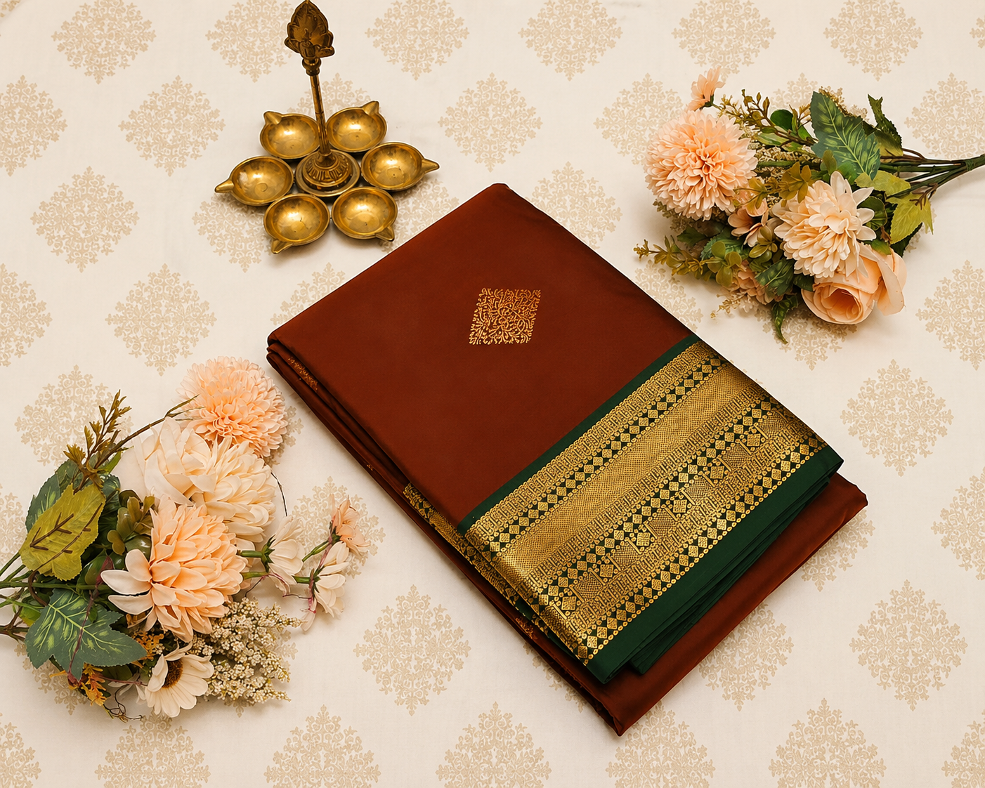 Semi Silk Saree – Rust Brown with Contrast Green Zari Border