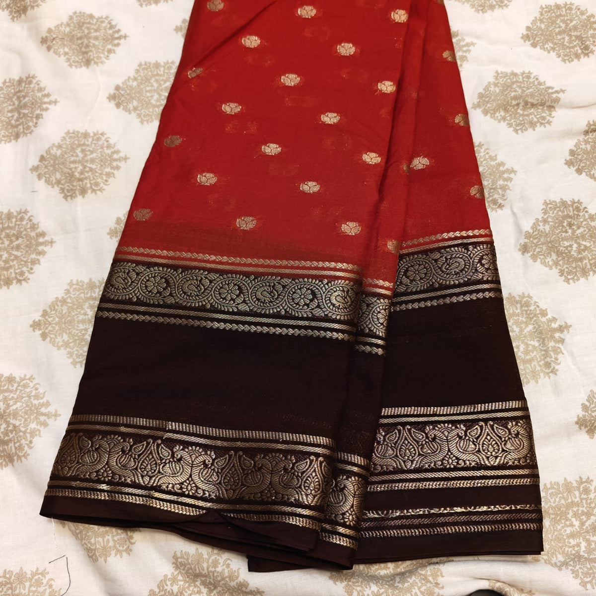 Rust Orange & Deep Brown Zari Saree