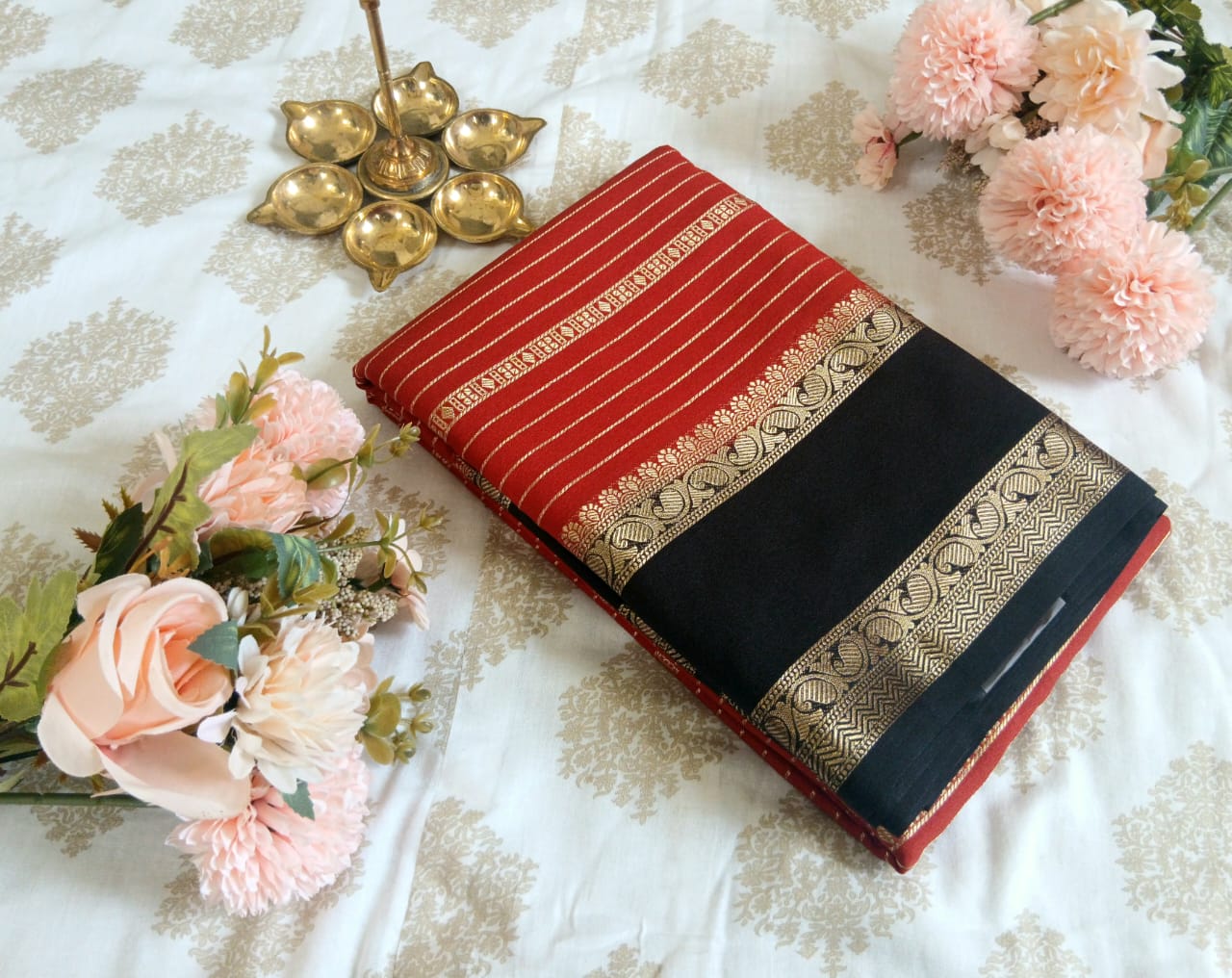 Elegant Red & Black Crepe Saree ❤️🖤✨