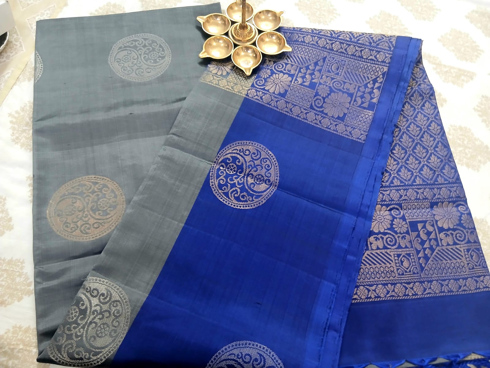 Silver Grey & Ink Blue Soft Silk Saree