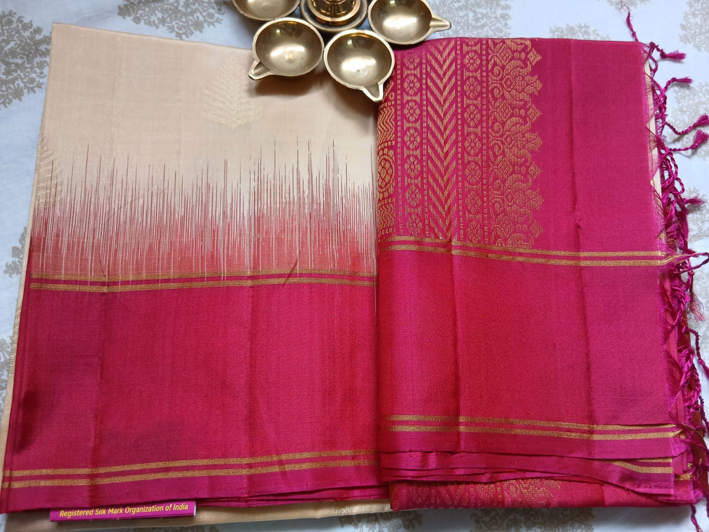Sandal White & Rani Pink Soft Silk Saree