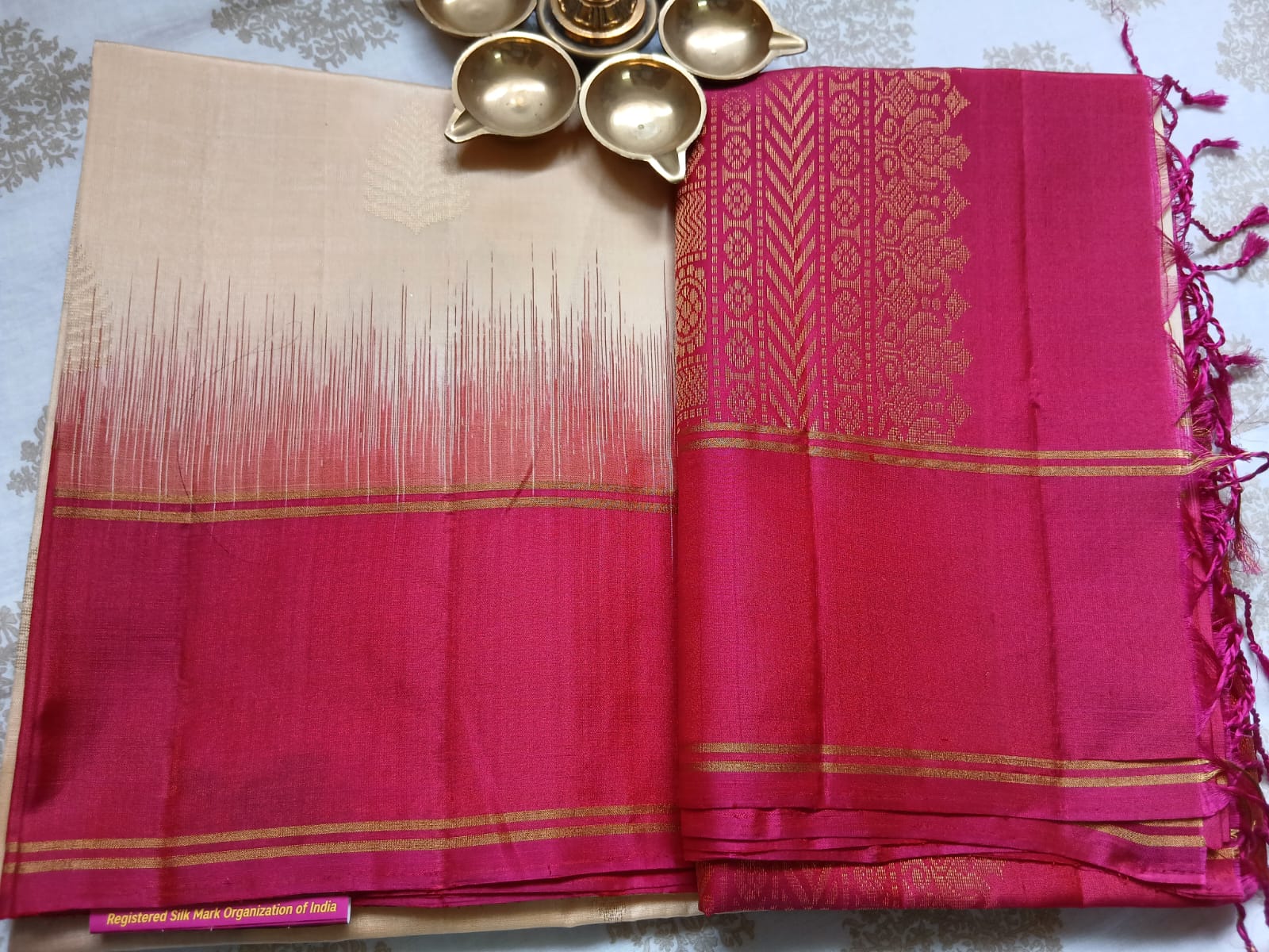 Sandal White & Rani Pink Soft Silk Saree