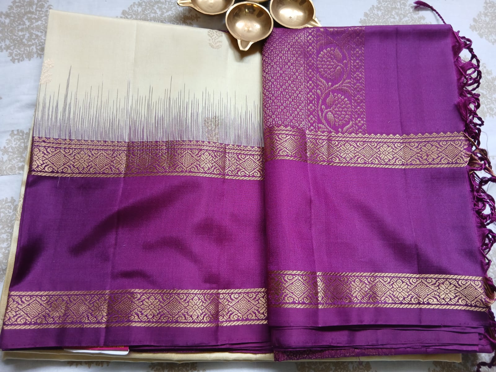 Sandal White & Royal Violet Soft Silk Saree