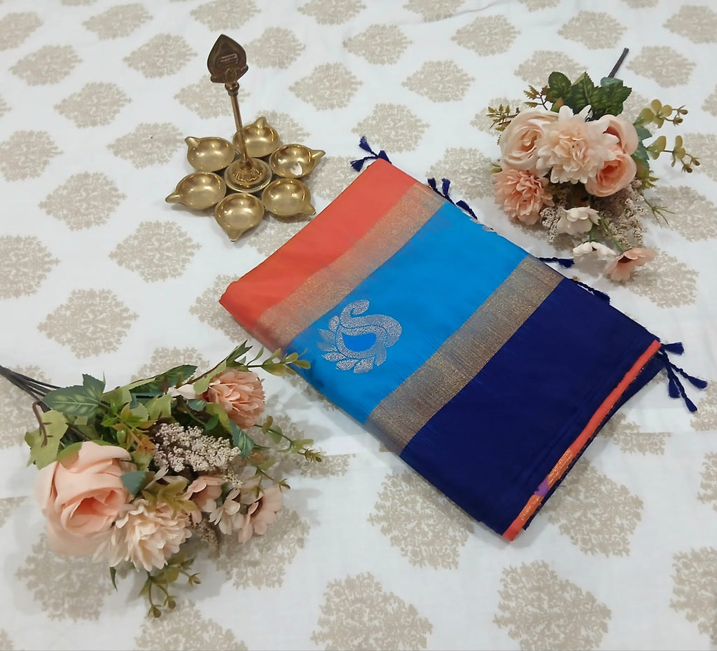 Saffron Orange & Ink Blue Soft Silk Saree
