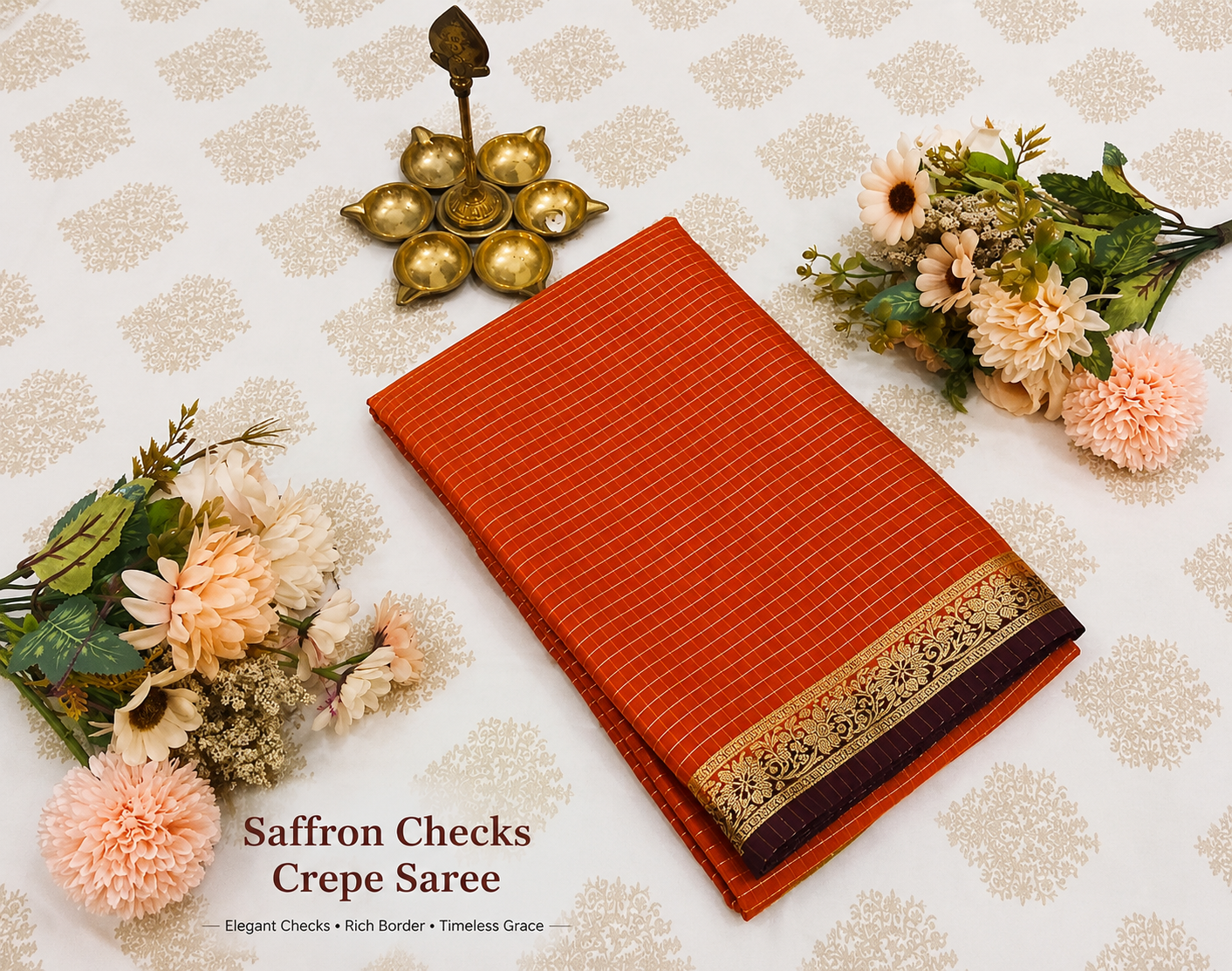 Saffron Orange Crepe Saree with Contrast Zari Border