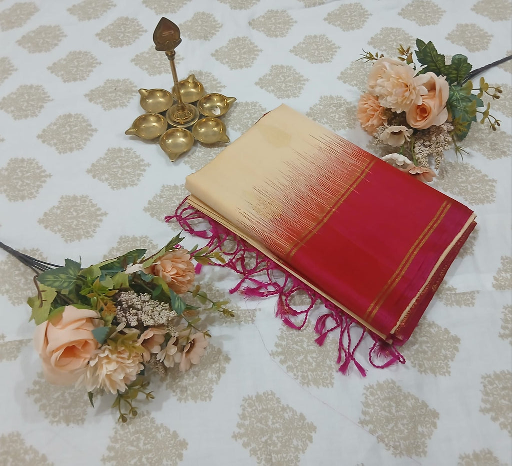 Sandal White & Rani Pink Soft Silk Saree