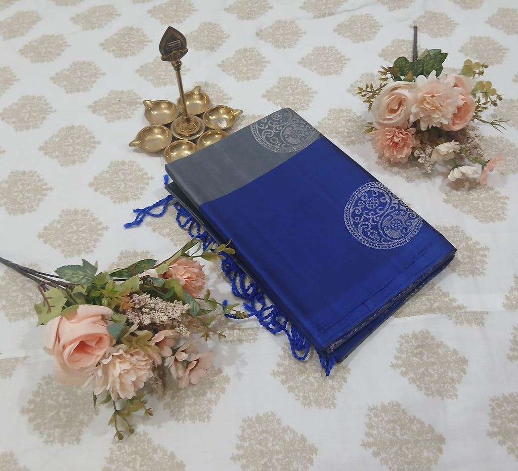 Silver Grey & Ink Blue Soft Silk Saree