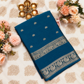 Teal Blue Saree with Silver Floral Motifs & Zari Border